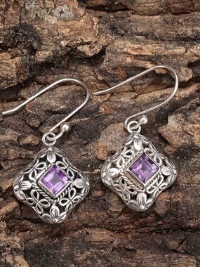 Sterling Silver Filigree Square Drop Earrings with Purple Gemstone